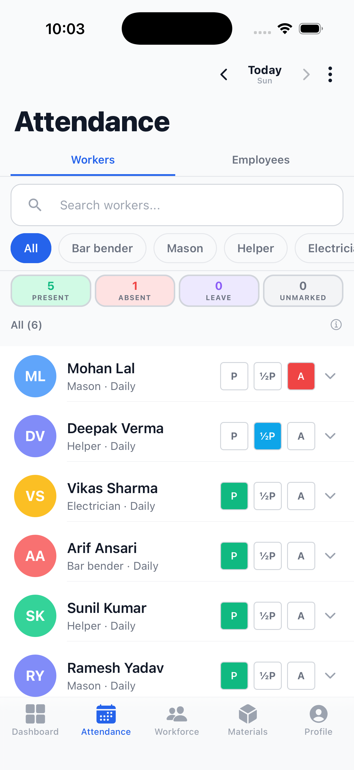 KhataKro attendance screen, showing today's hajari for a site's workers