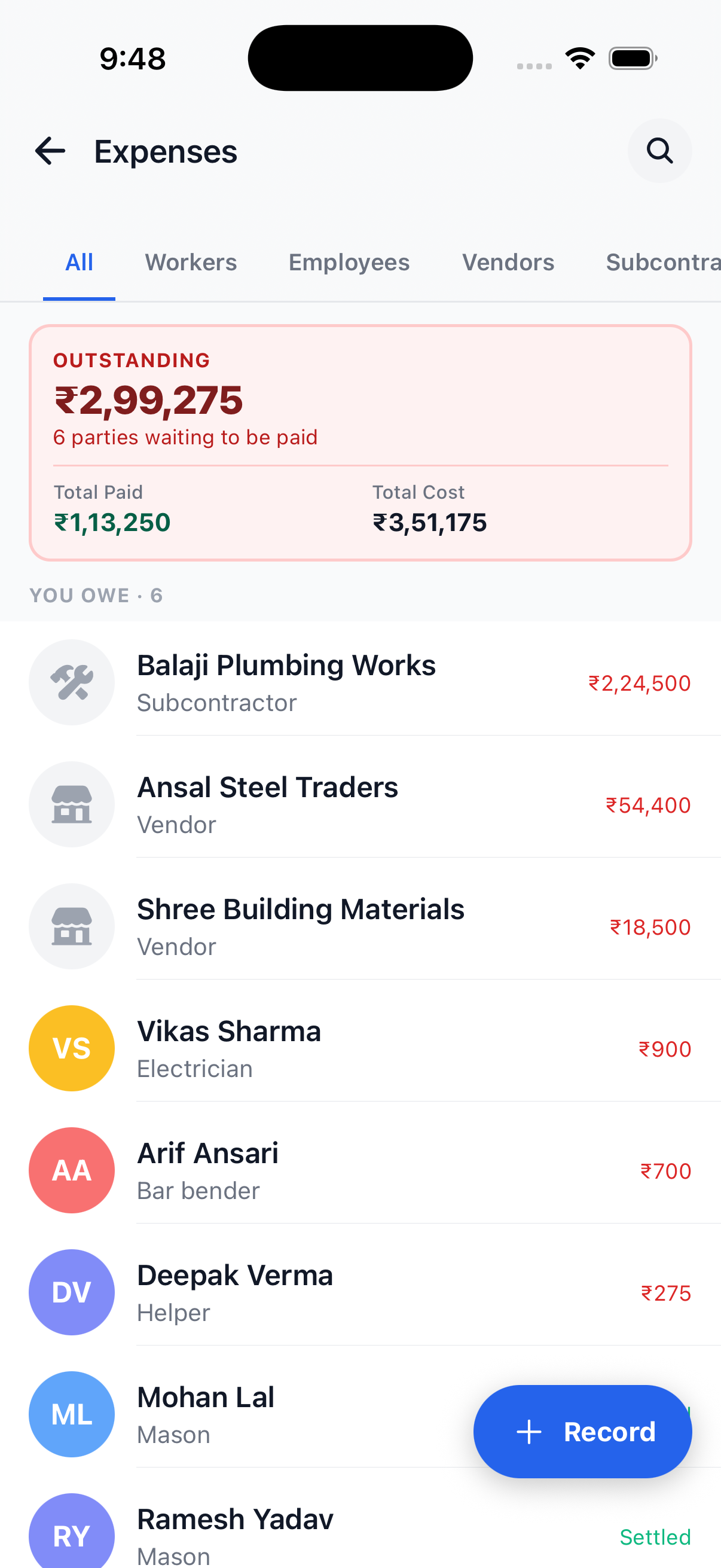 KhataKro expenses screen, showing outstanding balances by vendor, subcontractor and worker