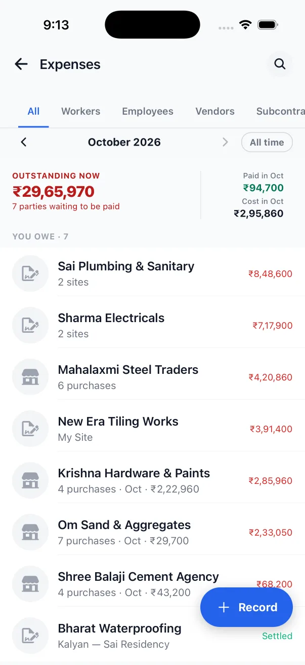 SiteMarshal expenses screen: ₹29,65,970 outstanding across seven vendors and subcontractors, with October's payments and costs beside it